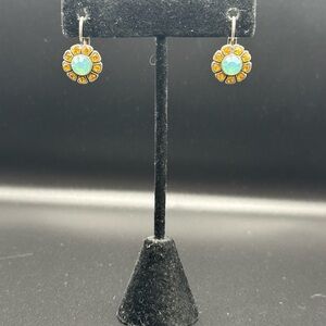 Elegant Floral Earrings with Aqua Blue and Orange Gold set in silver tone